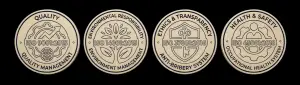 Four beige circular badges on a black background, each showing ISO standards: ISO 9001:2015 Quality Management, ISO 14001:2015 Environmental Management, ISO 37001:2016 Anti‑Bribery System, ISO 45001:2018 Health & Safety.