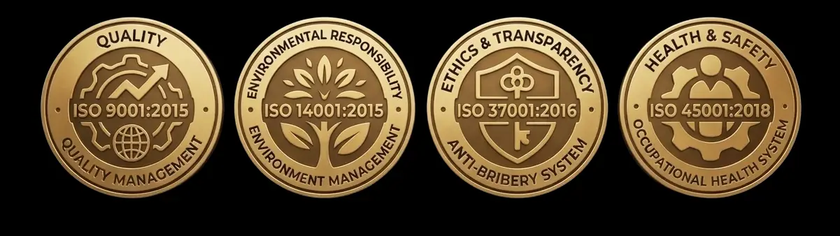 Four gold circular medals on a black background, each showing an ISO standard: ISO 9001:2015 Quality Management, ISO 14001:2015 Environmental Management, ISO 37001:2016 Anti-Bribery System, and ISO 45001:2018 Occupational Health & Safety; all with decorative emblems and text around the rim