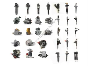 Grid of automotive fuel injectors and related fuel system parts on a white background, arranged in rows and columns.